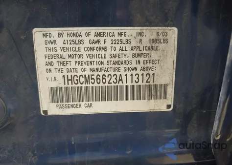 2003 Honda Accord 2.4 Ex z USA, uszkodzony, nr VIN 1HGCM56623A113121